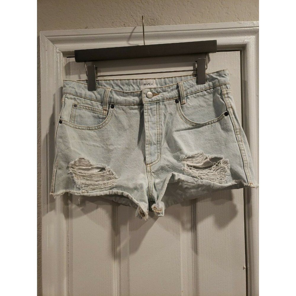 RVCA women's distressed distressed denim shorts light blue denim cut-offs...